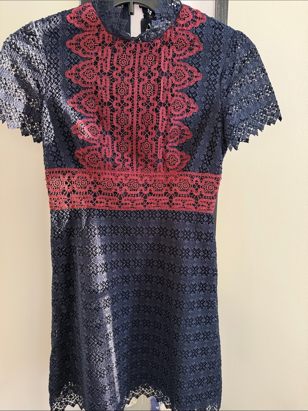 Sandro navy lace mini dress with rose lace trim
